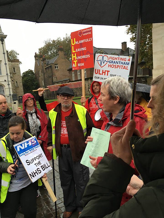 Bill sponsor Margaret Greenwood MP speaks to campaigners outside the 2nd reading of the NHS bill